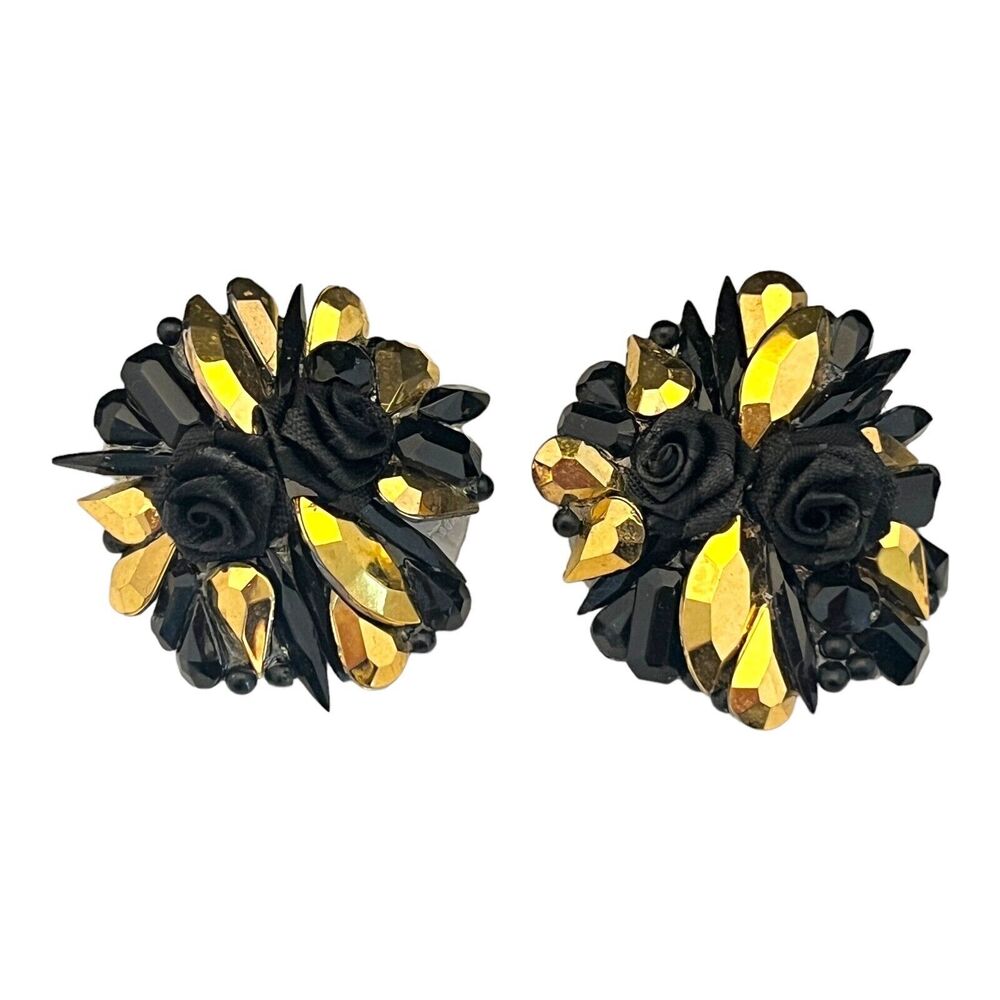 Vintage Earrings Handcrafted Multifaceted Beads Roses Black Gold Tone Sparkle 3U